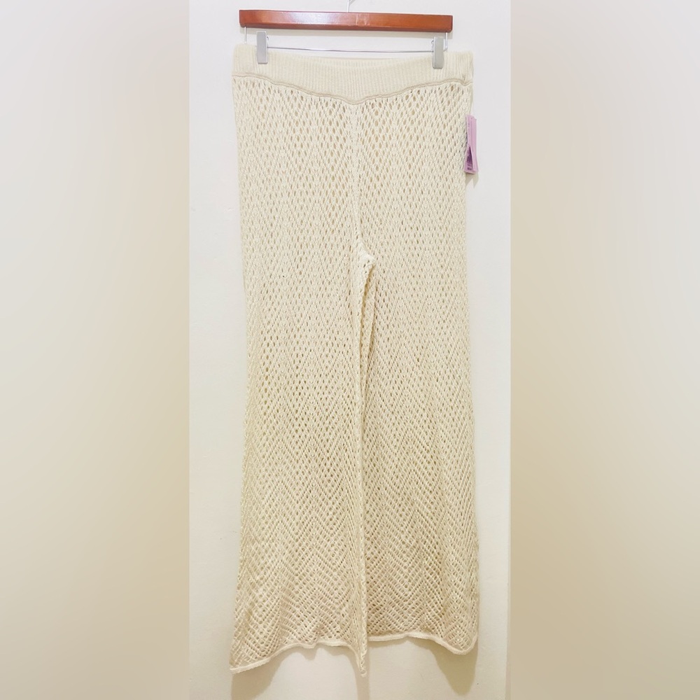 NWT Women's High Waist Elastic Woven Wide Leg Open Pants WILD FABLE BEIGE SIZE L